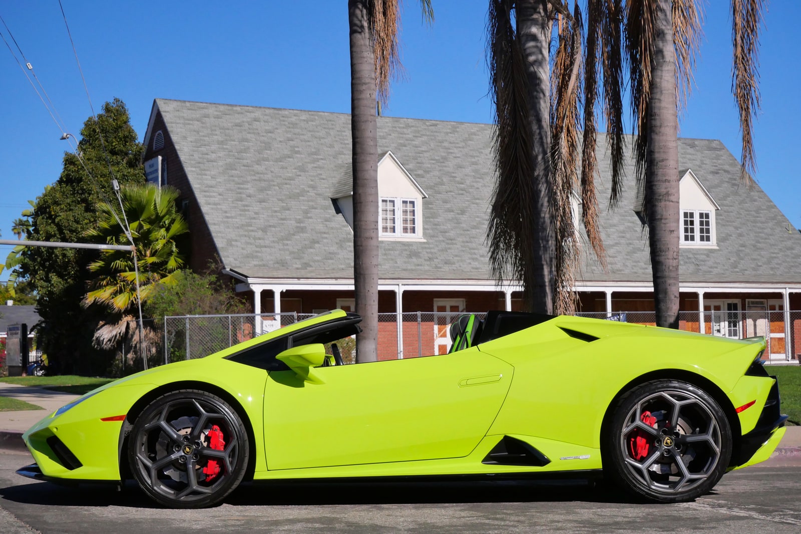Green Lamborghini Huracán Evo Spyder in profile with the roof down beneath palm trees