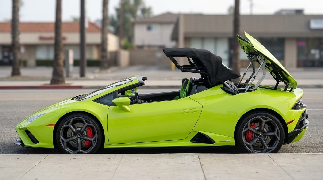 Green Lamborghini Huracán Evo Spider in profile with its fabric roof caught halfway through folding into the rear deck