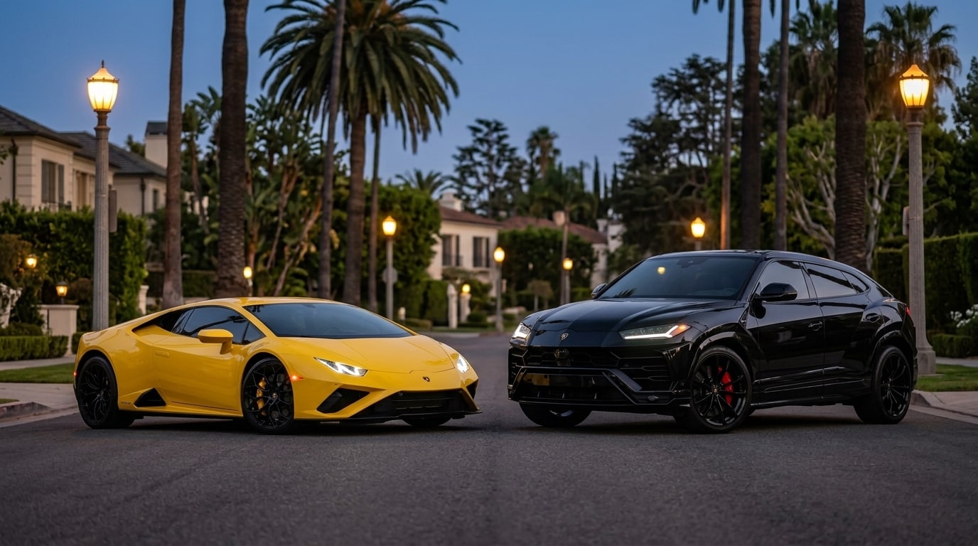 Yellow Lamborghini Huracán Evo and black Lamborghini Urus parked nose to nose on a quiet Beverly Hills street at dusk