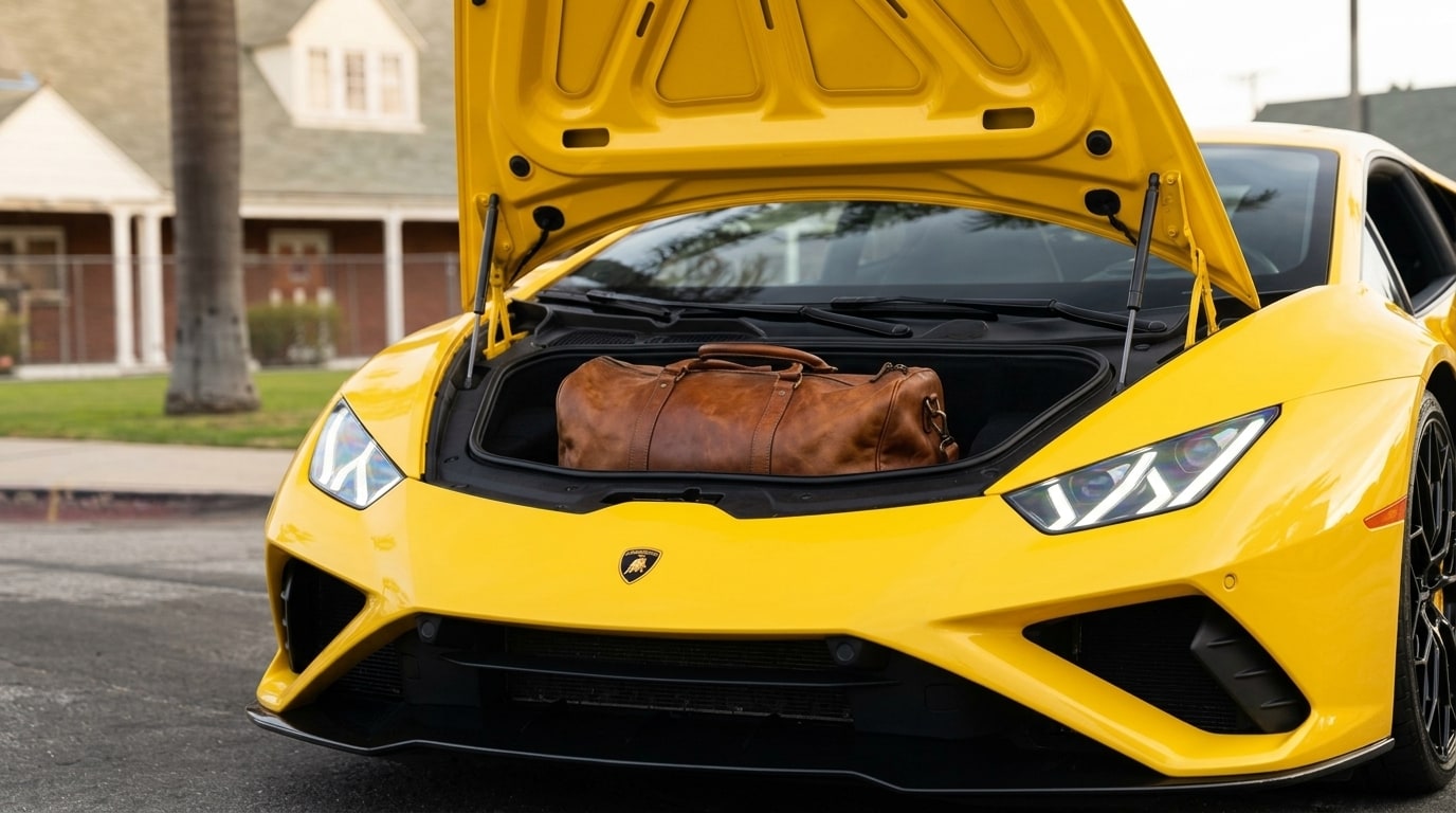 Front trunk of a yellow Lamborghini Huracán Evo open with a single soft weekend bag inside