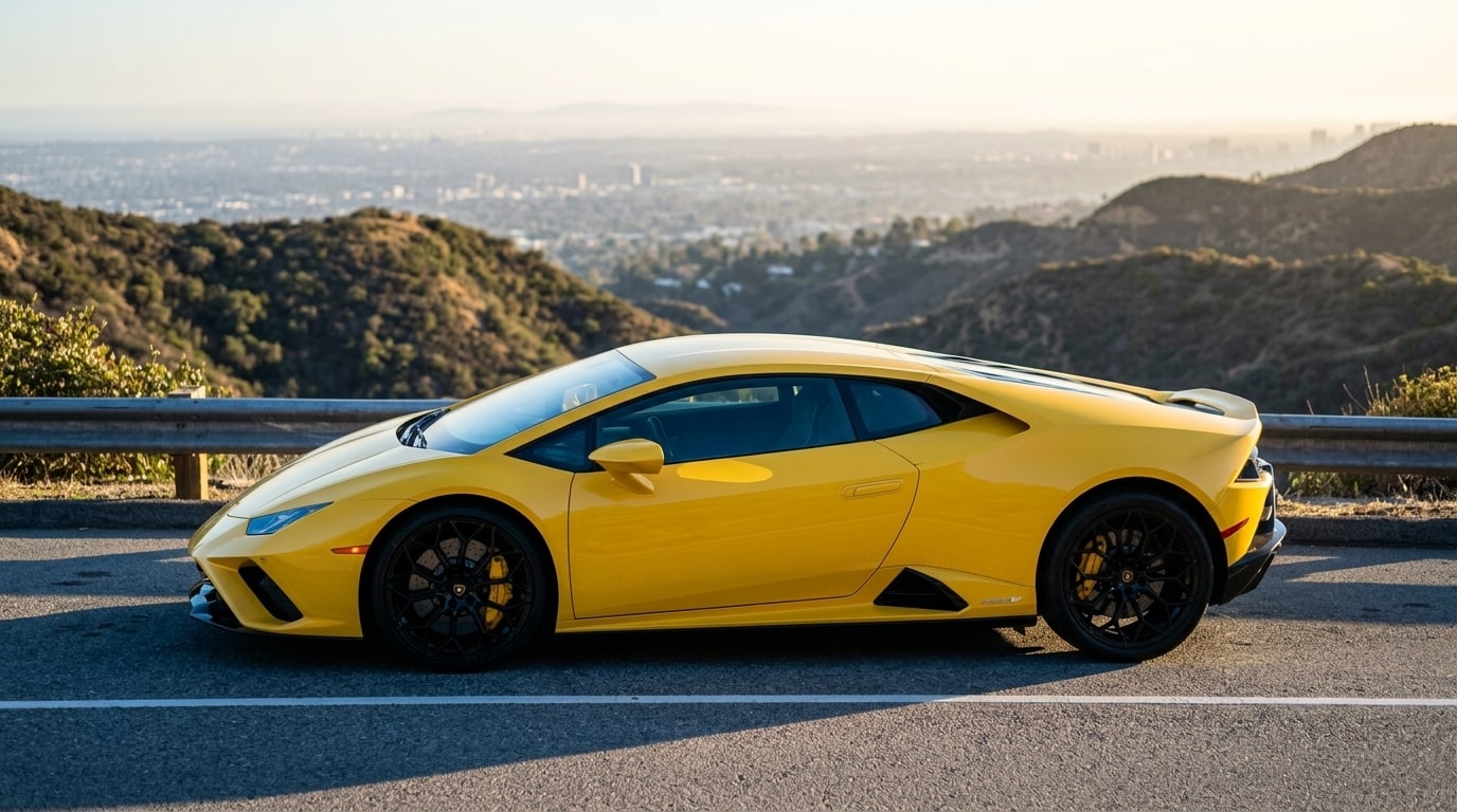 Yellow Lamborghini Huracán Evo on Mulholland Highway at dawn, the Santa Monica Mountains behind