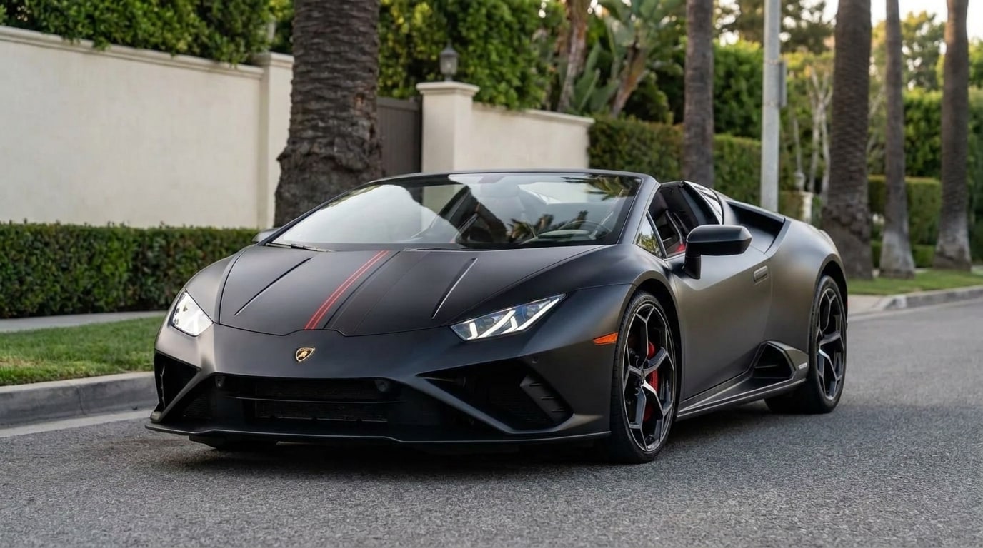 Matte black Lamborghini Huracan Spider with the roof down on a Beverly Hills street