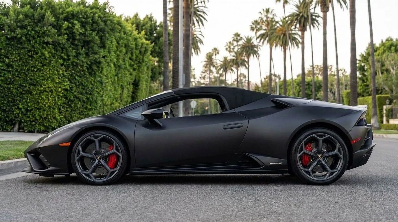 Matte black Lamborghini Huracan Spider in profile with the roof down