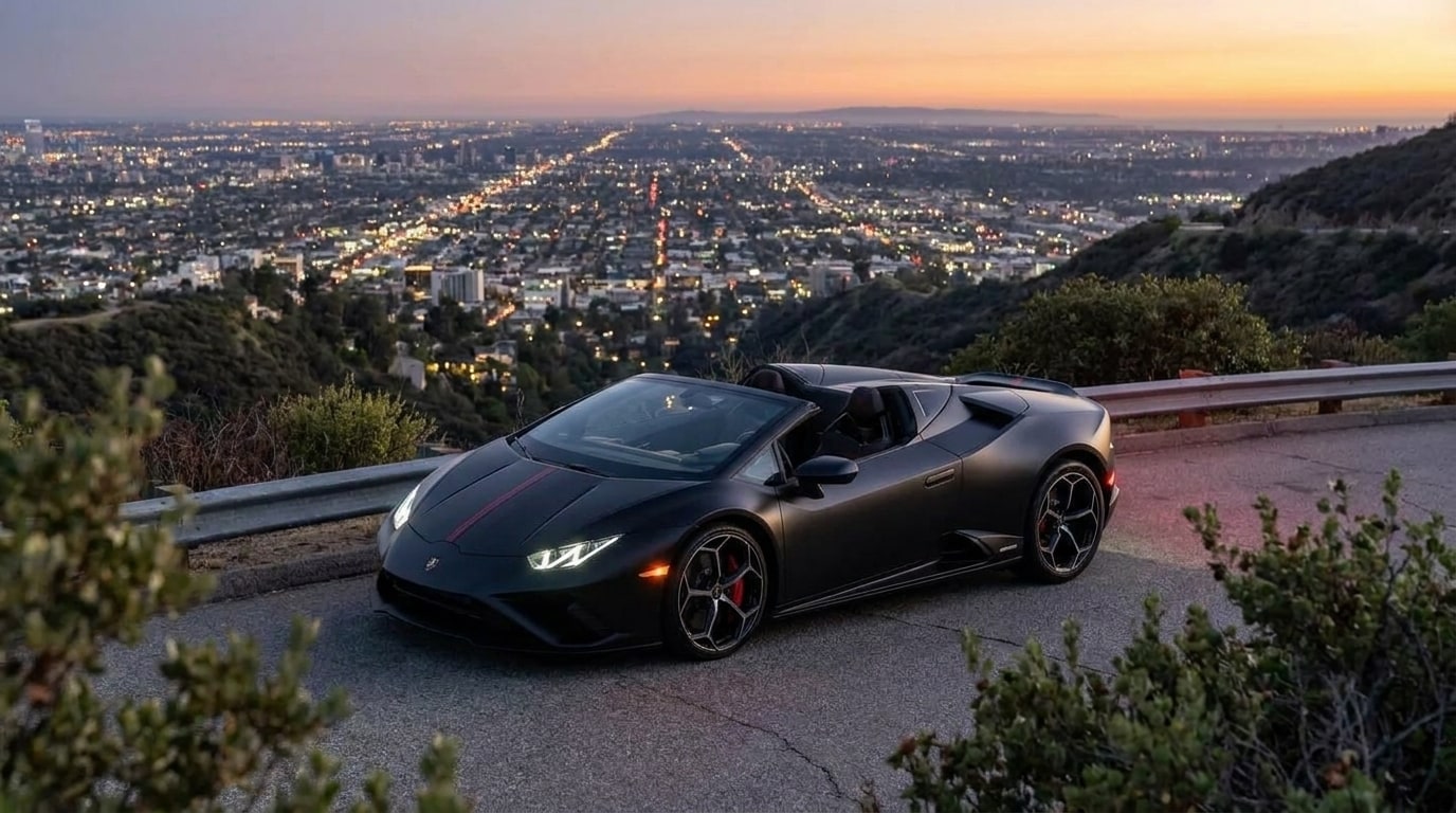 Matte black Lamborghini Huracan Spider on a canyon road above Los Angeles at dusk
