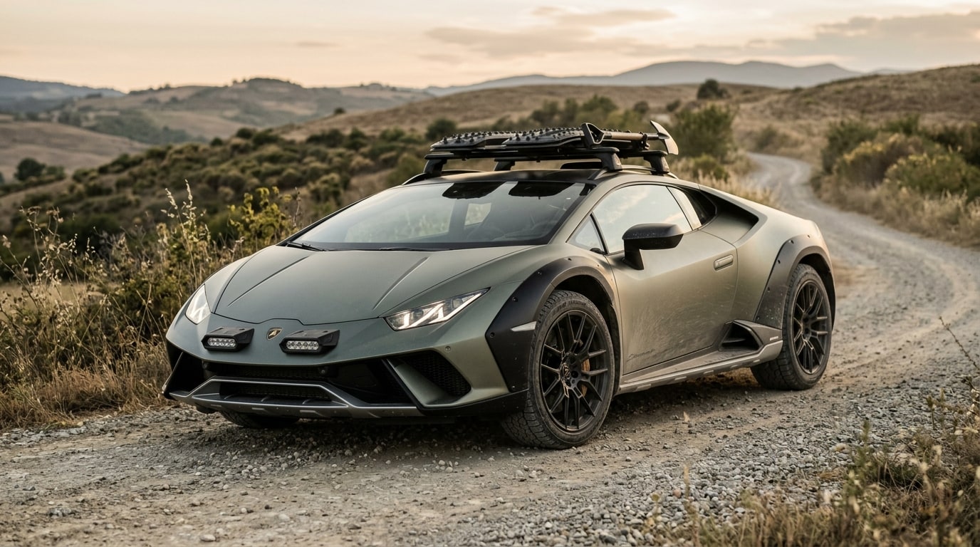 Lamborghini Huracán Sterrato on a dry gravel road with its raised ride height, wheel-arch flares, roof rack and auxiliary lights on the bonnet