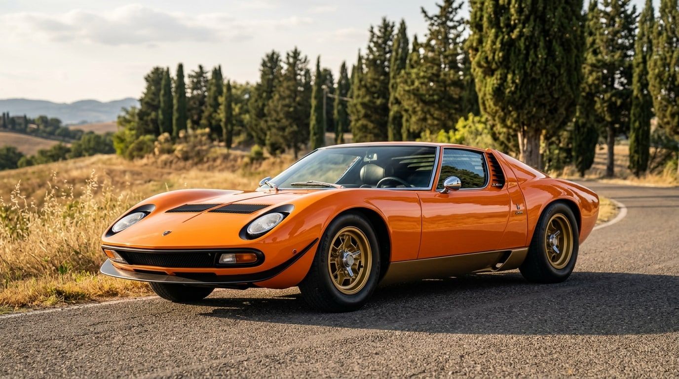Orange Lamborghini Miura P400 SV on a sunlit country road, front three-quarter view showing the low nose and rounded haunches