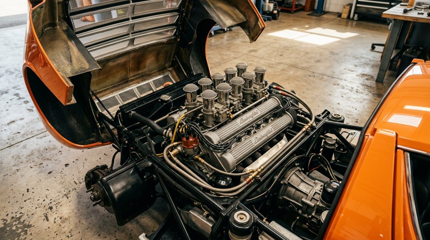 Transversely mounted V12 engine in the open engine bay of a Lamborghini Miura, seen from above with chrome intake trumpets visible