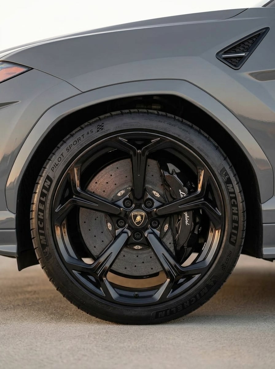 Black wheel and brake of the grey Lamborghini Urus