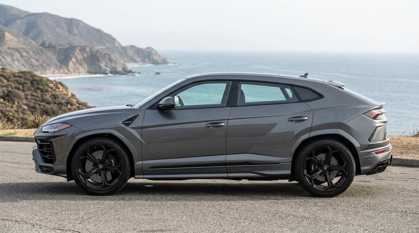 Grey Lamborghini Urus in profile on a coast road above the Pacific