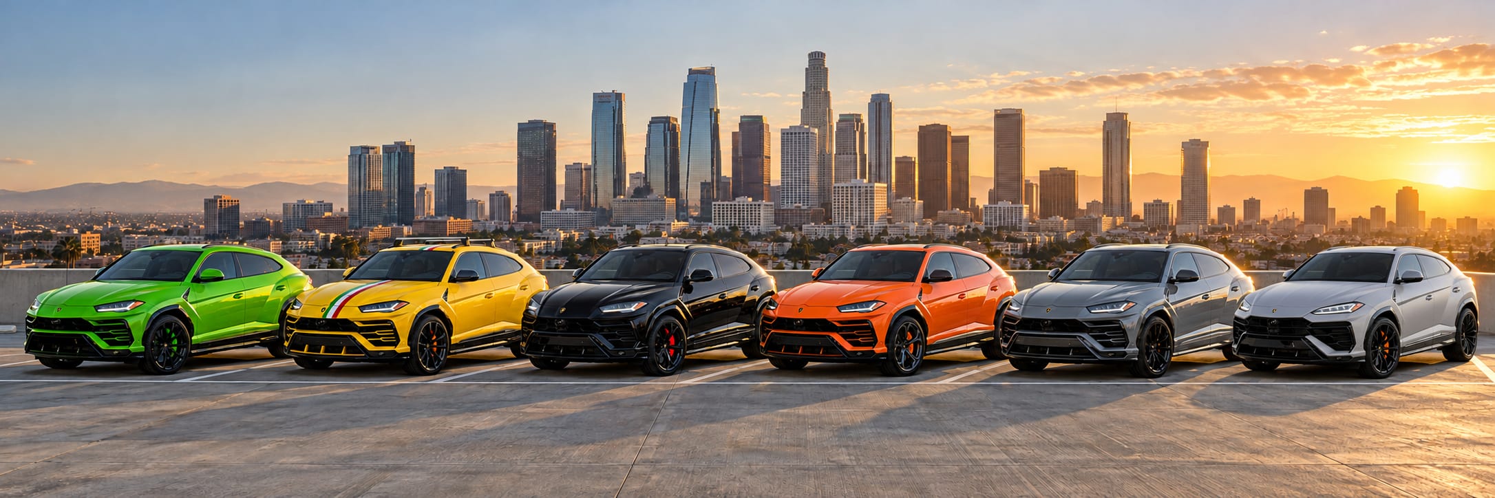 Six Lamborghini Urus in a row on a rooftop above downtown Los Angeles at sunset: green, yellow, black, orange, grey and the Urus SE