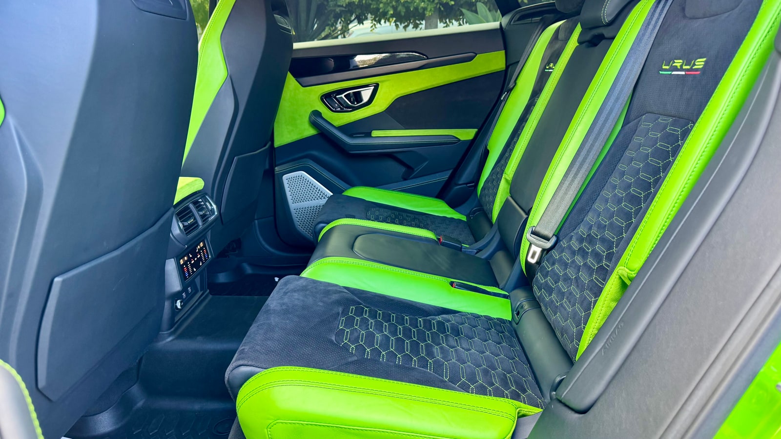 Green and black rear seats of the Lamborghini Urus