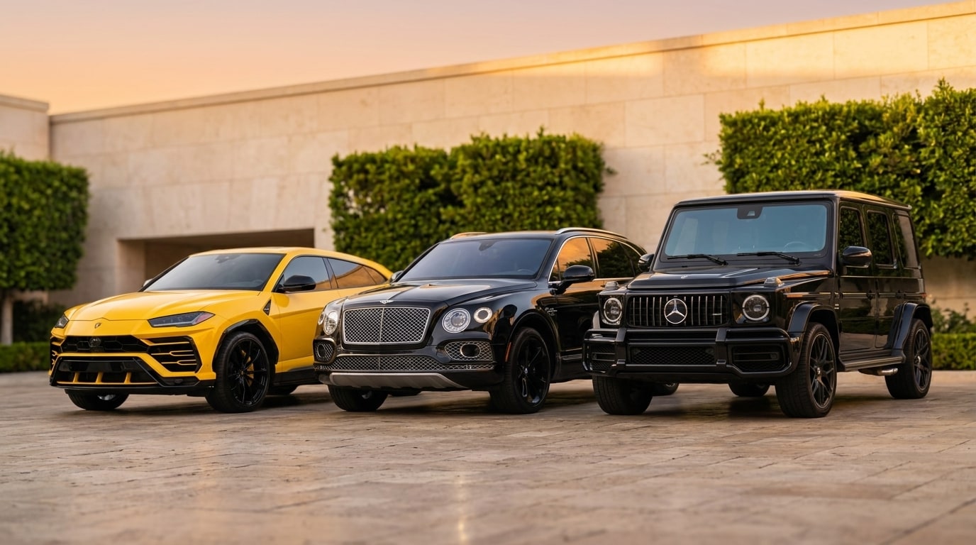 Yellow Lamborghini Urus, black Bentley Bentayga and black Mercedes-AMG G 63 side by side on a hotel forecourt