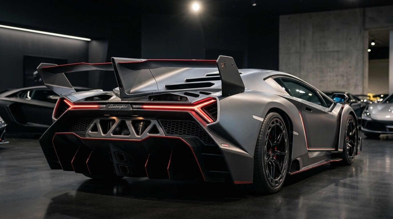 Rear three-quarter view of a Lamborghini Veneno showing the fixed rear wing, carbon diffuser and Y-shaped tail lights