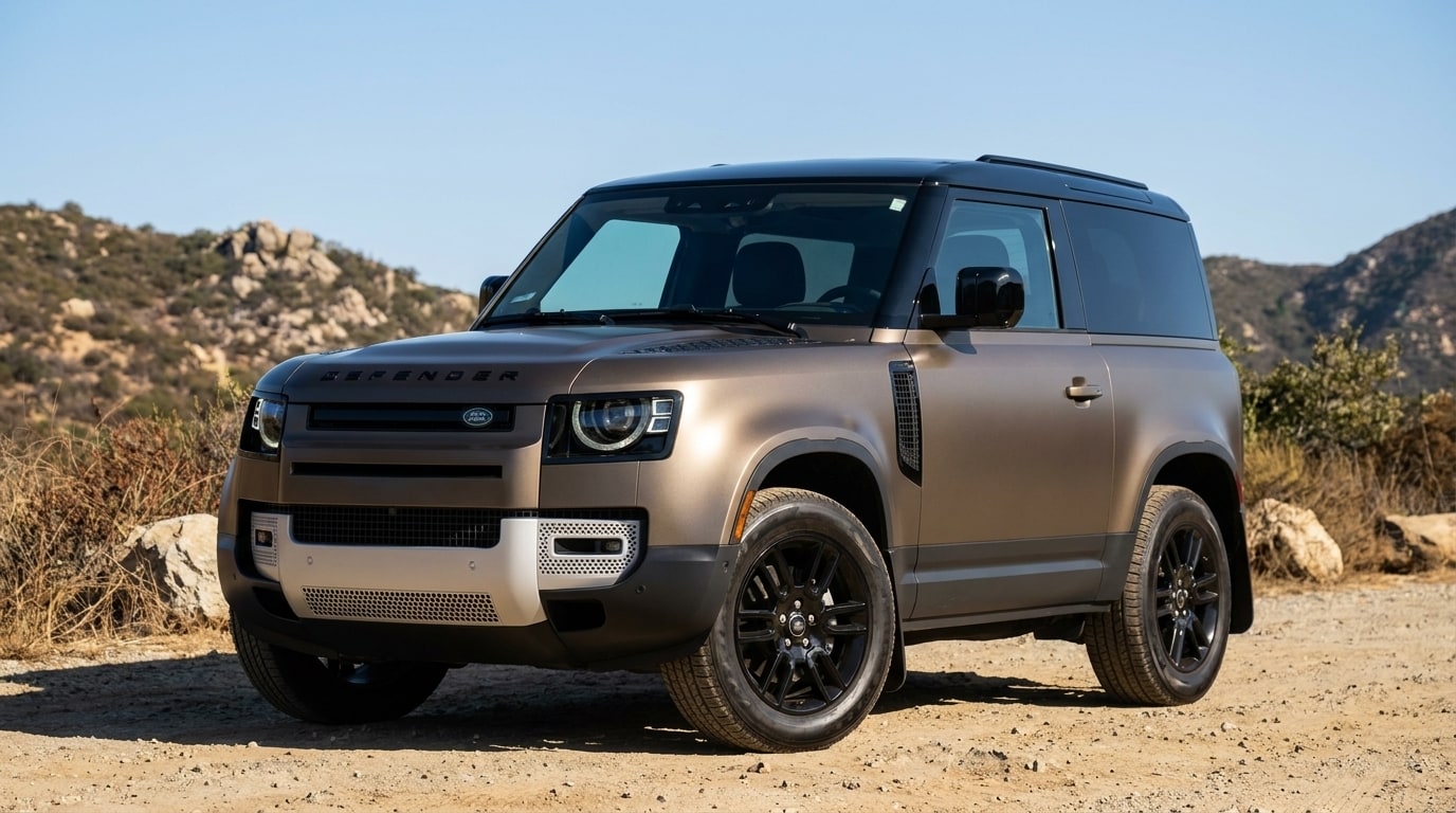 Bronze Land Rover Defender on a fire road in the Santa Monica mountains