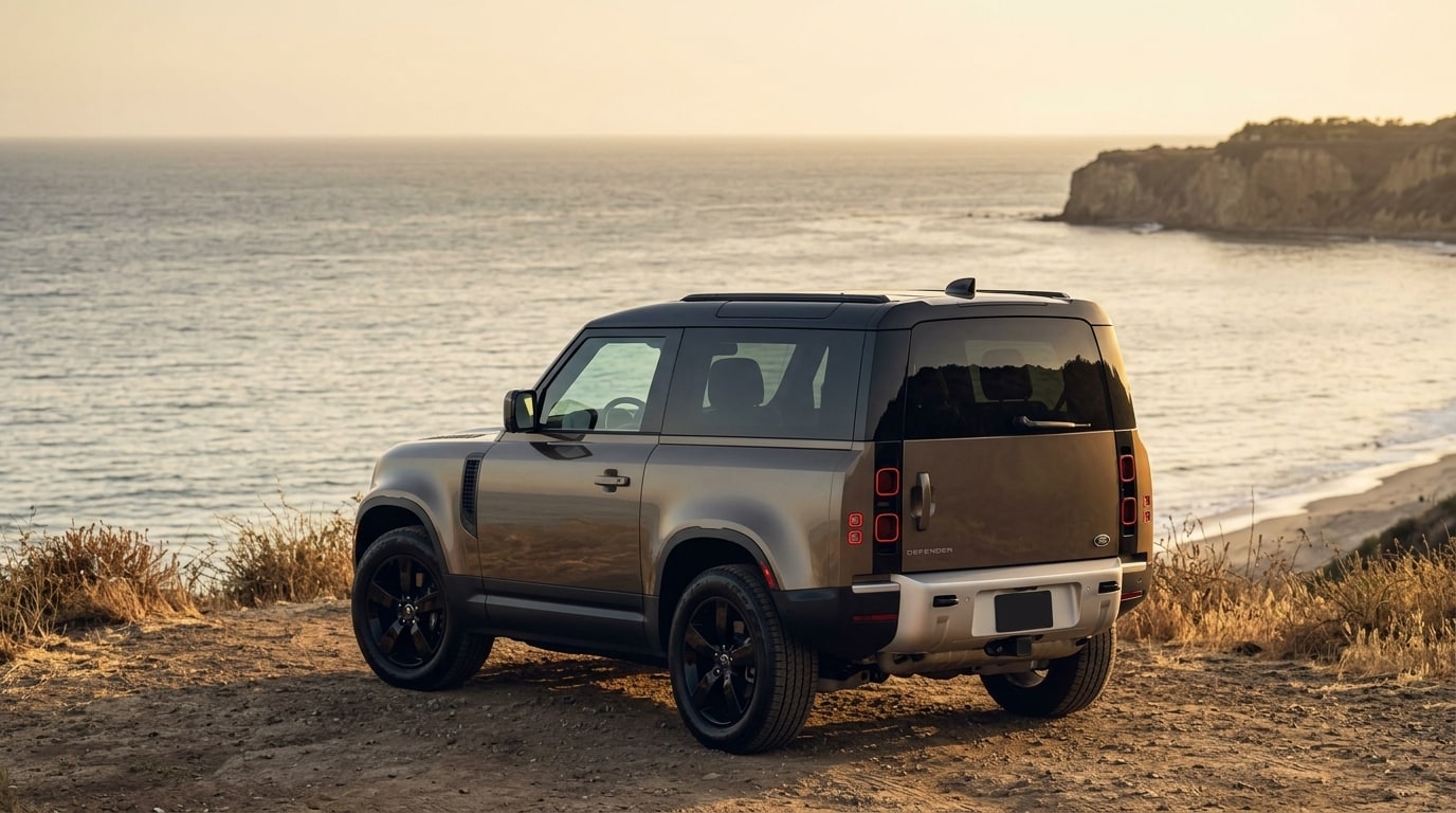 Bronze Land Rover Defender from the rear three-quarter above the Pacific