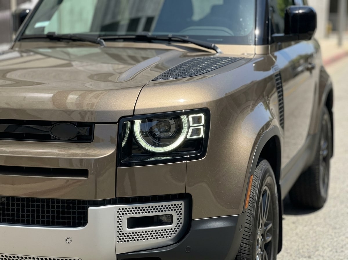 Round LED headlamp and front wing of the bronze Land Rover Defender