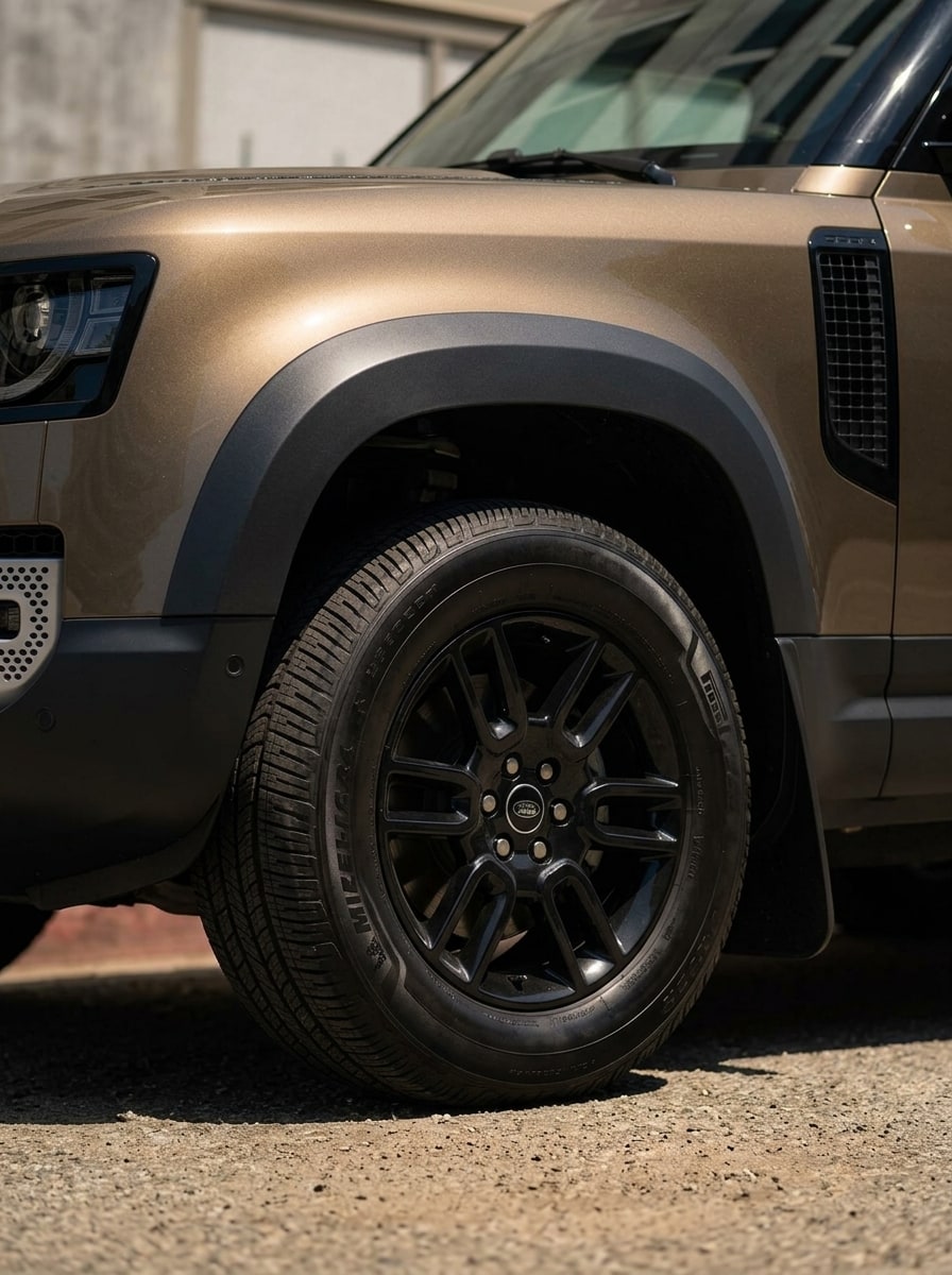 Front wheel and arch of the bronze Land Rover Defender