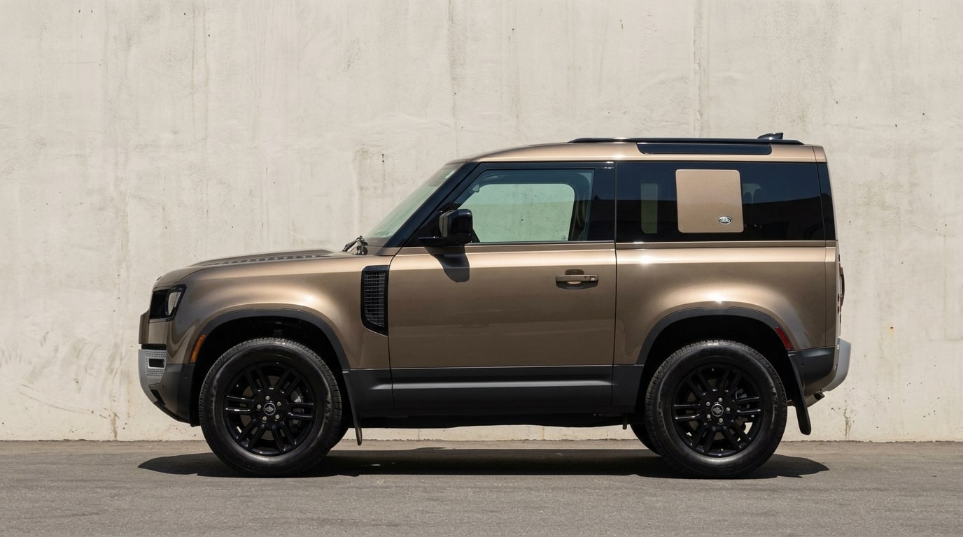 Bronze Land Rover Defender in profile, showing the short two-door body