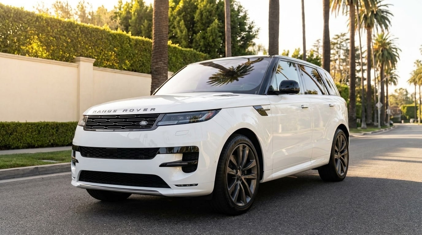 White Range Rover Sport from a low front three-quarter on a palm-lined Beverly Hills street