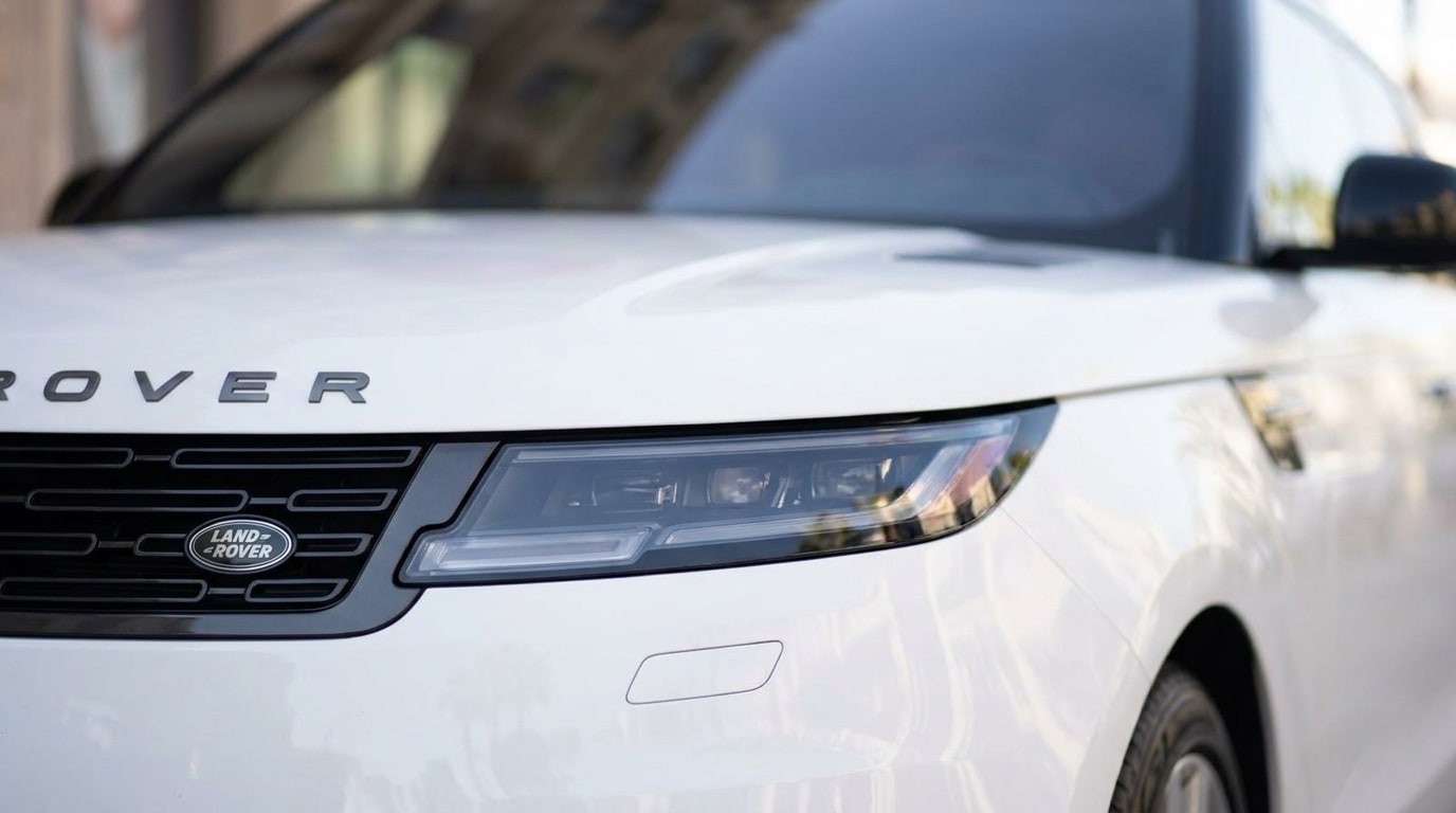 Slim headlamp and grille of the white Range Rover Sport