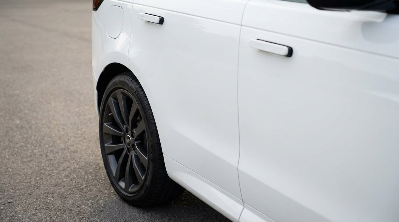 Wheel and flush door handle of the white Range Rover Sport