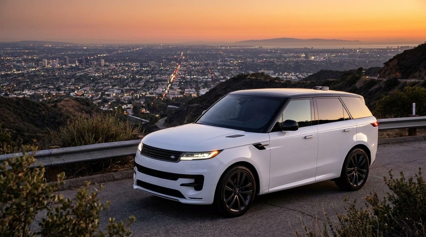 White Range Rover Sport on a canyon road above Los Angeles at dusk