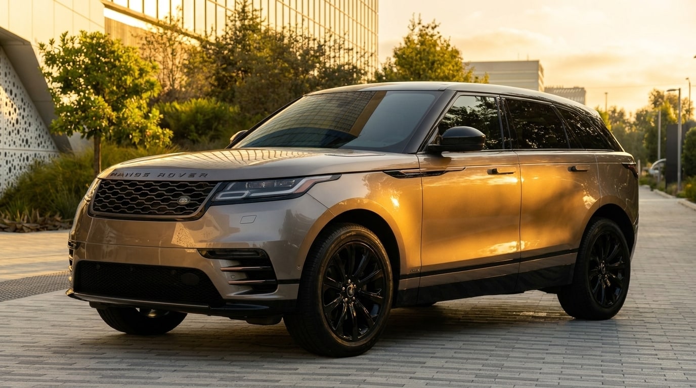 Bronze Range Rover Velar on a plaza in Playa Vista in low golden light, front three-quarter view