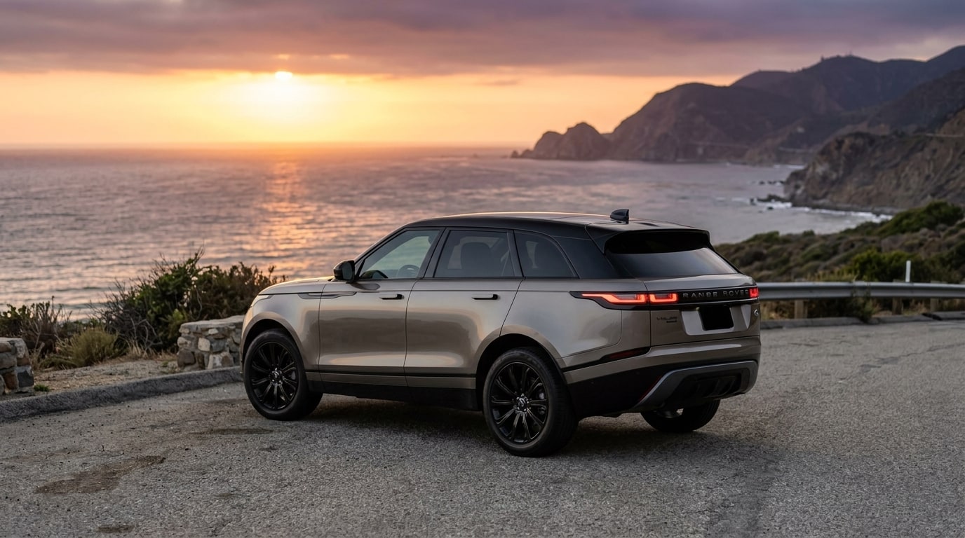 Bronze Range Rover Velar from the rear three-quarter on a coastal road above Malibu at sunset