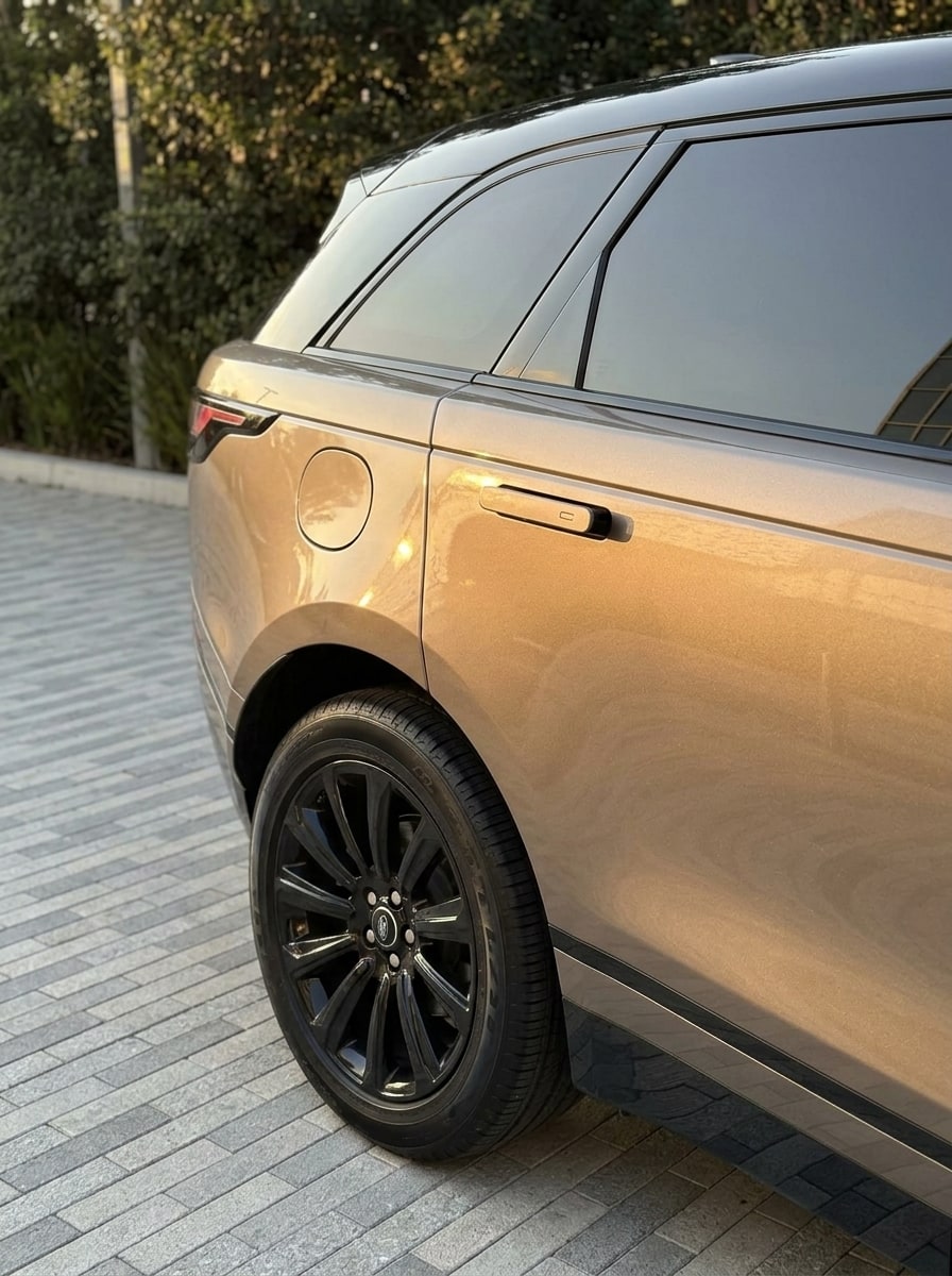 Flush door handle and black wheel of the bronze Range Rover Velar