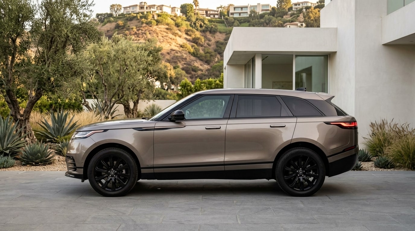 Bronze Range Rover Velar in profile outside a Hollywood Hills house