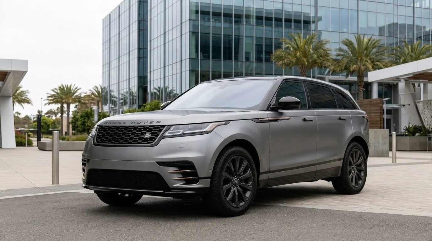 Silver Range Rover Velar in front of a glass office block in Playa Vista, front three-quarter view