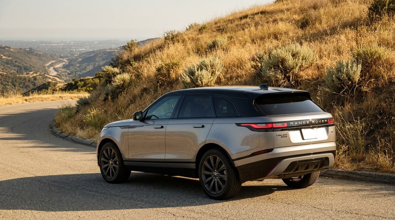 Silver Range Rover Velar from the rear three-quarter on Mulholland Drive