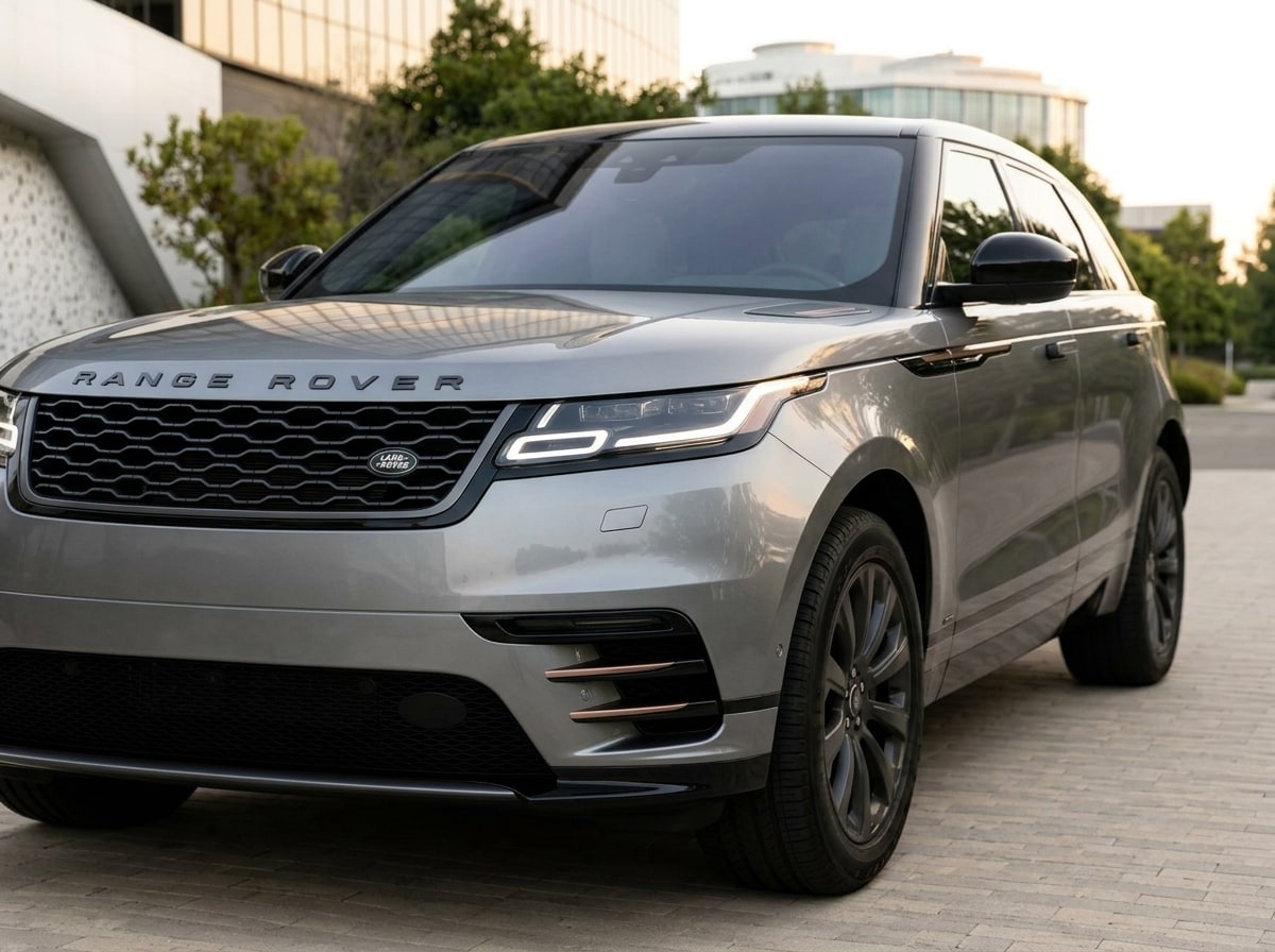 Honeycomb grille and slim headlamp of the silver Range Rover Velar