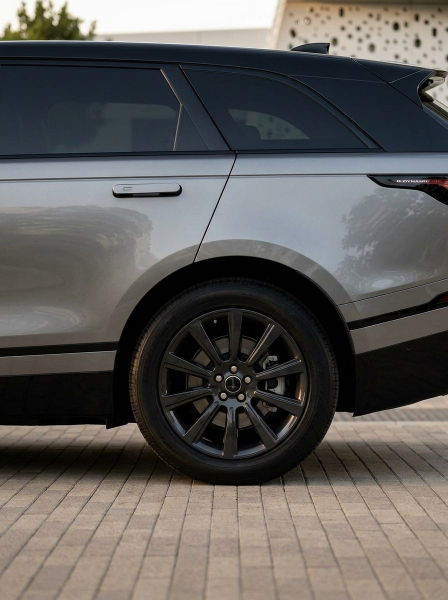 Flush door handle and black wheel of the silver Range Rover Velar