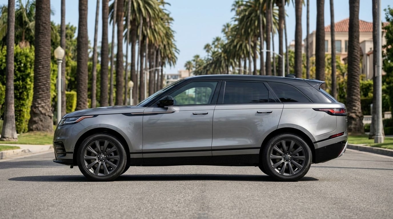 Silver Range Rover Velar in profile on a palm-lined Beverly Hills street