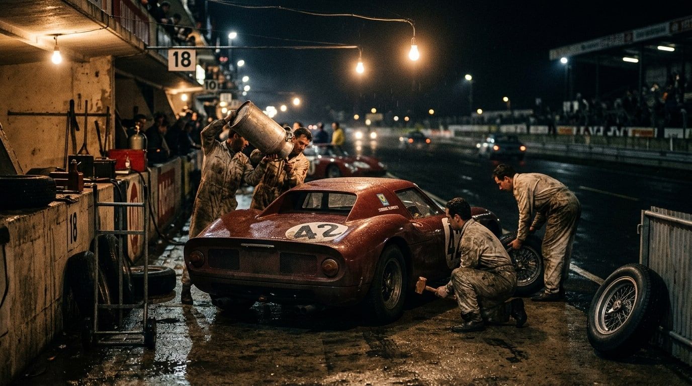Night pit stop at a 1960s endurance race with mechanics working on a low racing coupe under bare bulbs