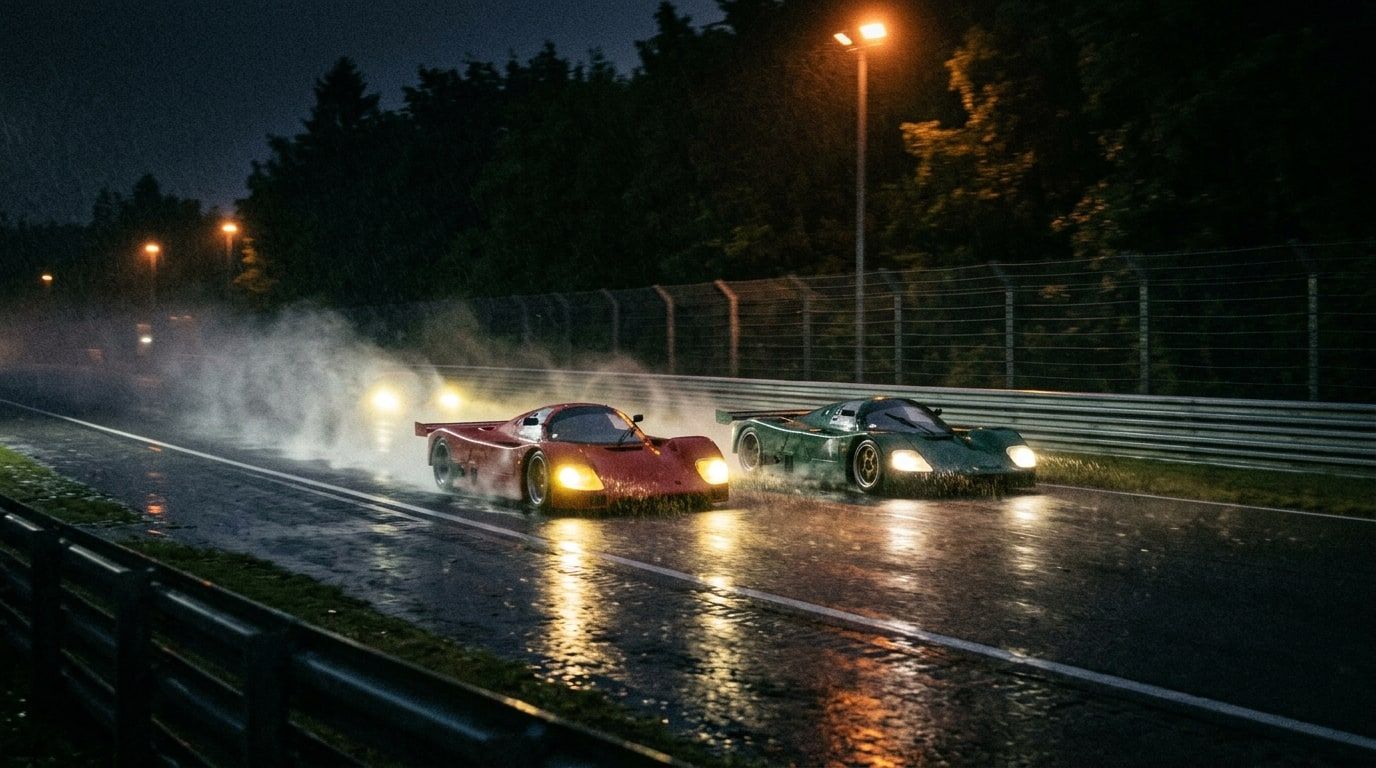 Two racing coupes throwing spray on a wet floodlit straight at a night endurance race