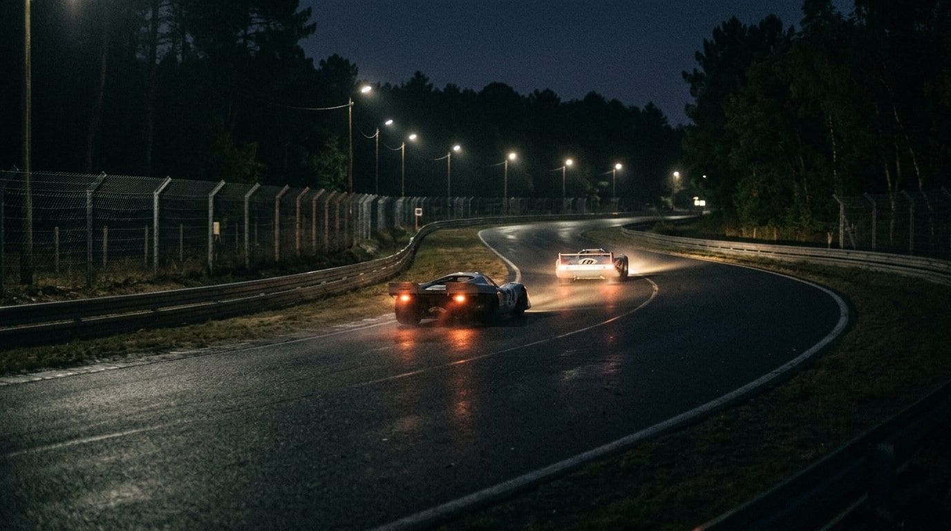 Two sports prototype racing cars at night on a floodlit endurance racing circuit, seen from the outside of a corner