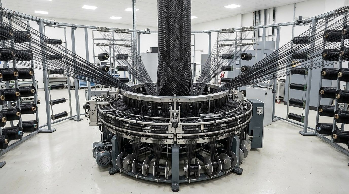Industrial circular loom weaving black carbon fibre with spools of tow arranged around it
