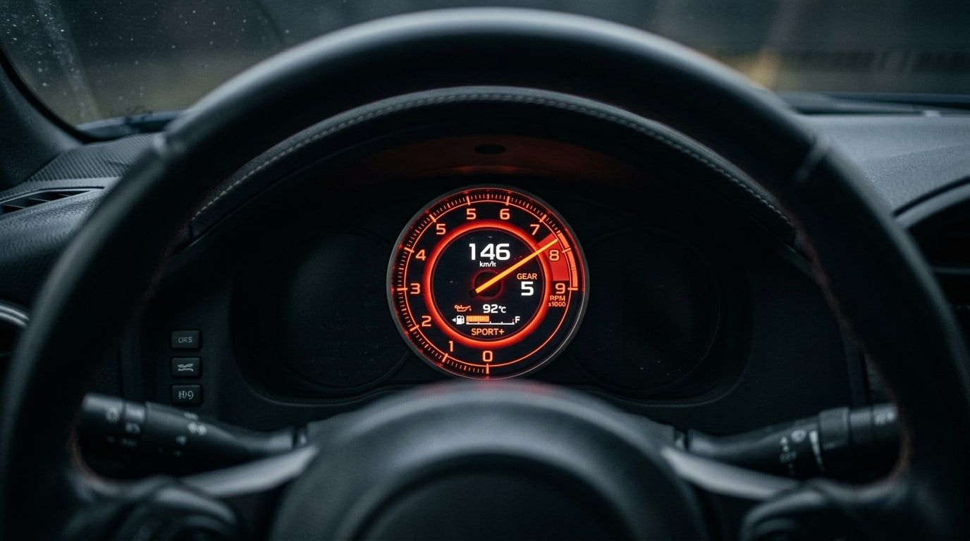 Close-up of a large circular digital tachometer in a car instrument cluster