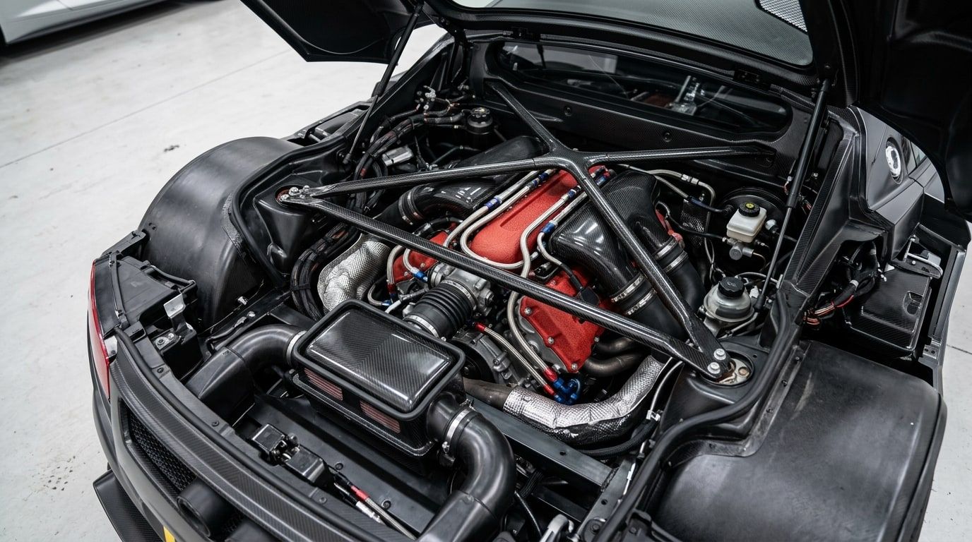 Naturally aspirated V10 engine with carbon intake plenums in an open engine bay