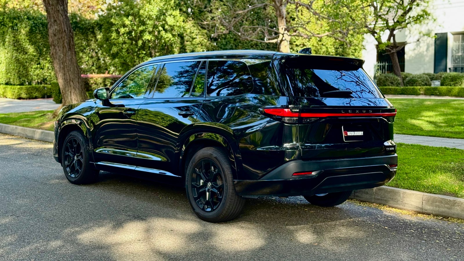 Rear three-quarter of the black Lexus TX