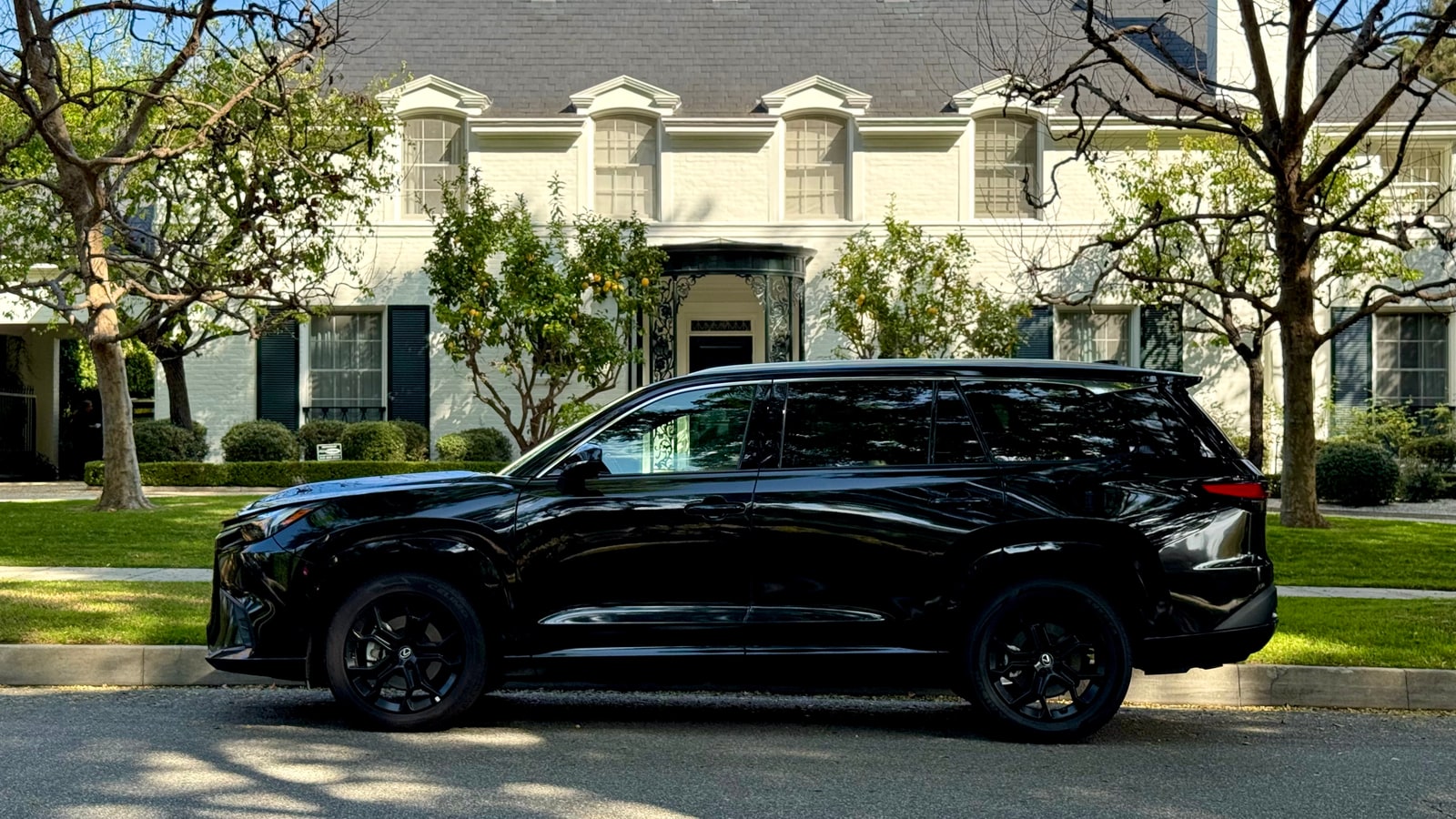 Black Lexus TX in profile in front of a Los Angeles house