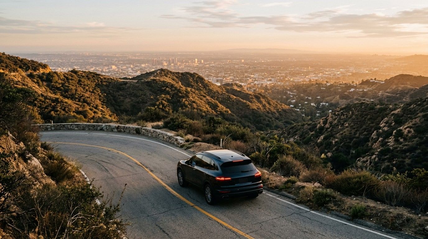 Dark luxury SUV rounding a bend on a canyon road above Los Angeles at golden hour