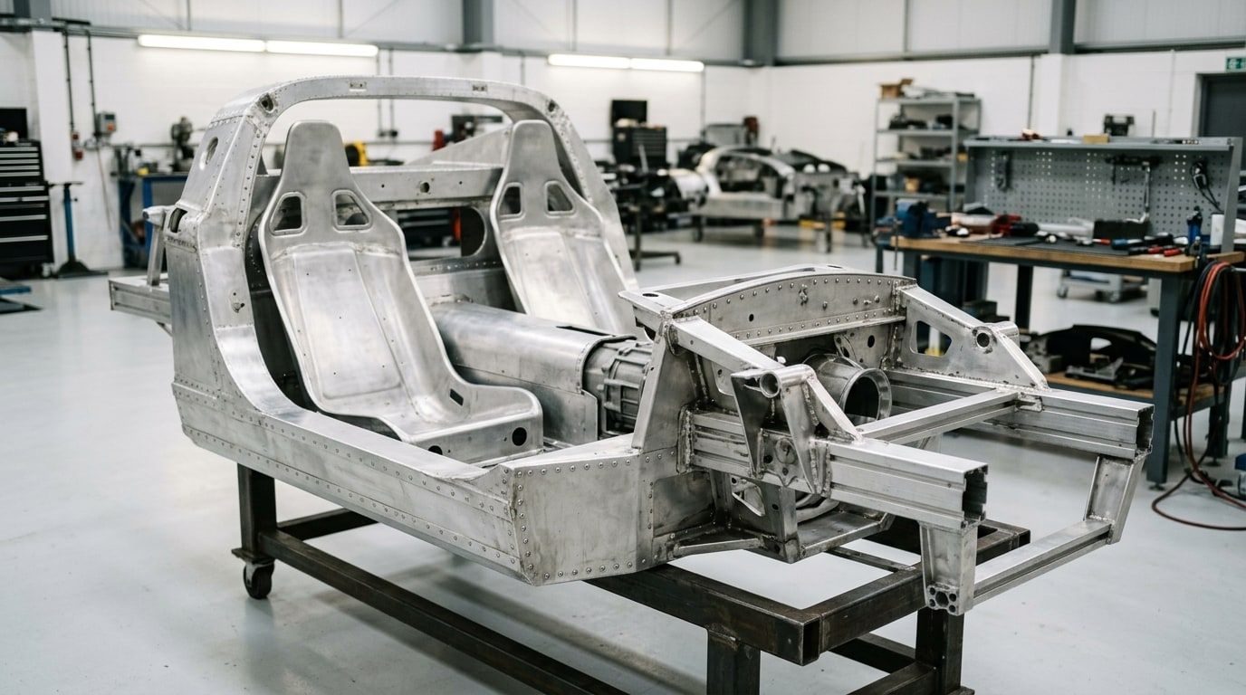 Bare bonded-aluminium sports car chassis tub on a workshop stand