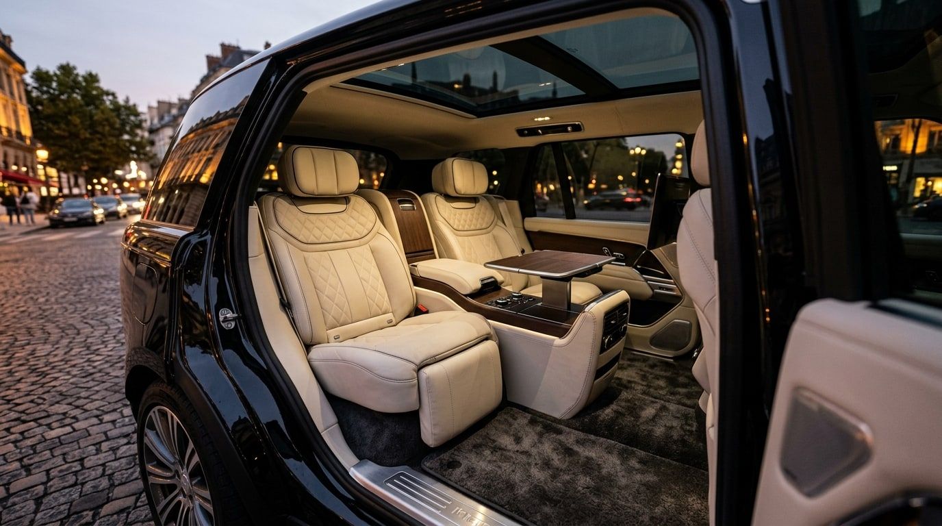 Rear cabin of a large luxury SUV with two reclining quilted leather seats
