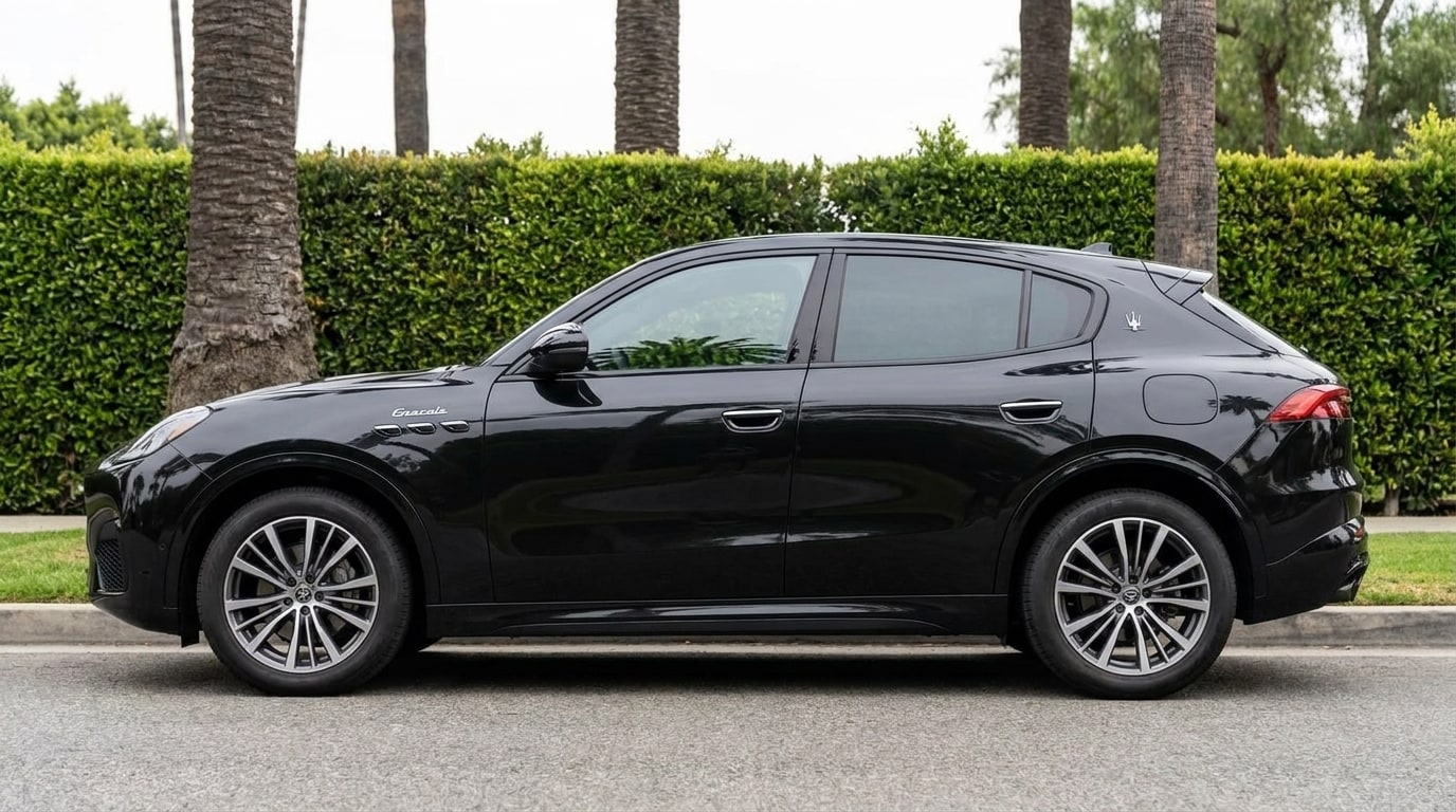 Black Maserati Grecale in profile at the kerb, showing the sloping roofline and the wing vents