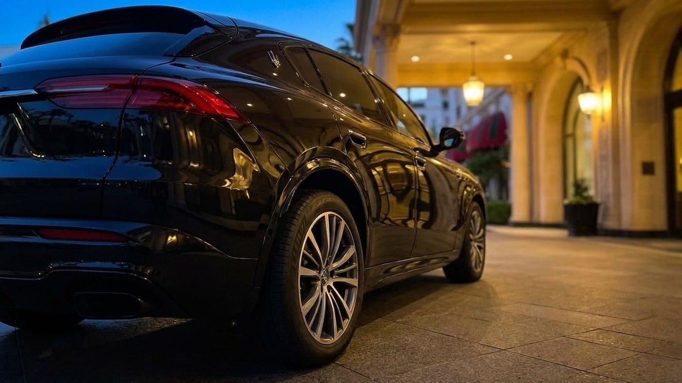 Tail lamp and rear haunch of the black Maserati Grecale outside a Beverly Hills hotel at dusk