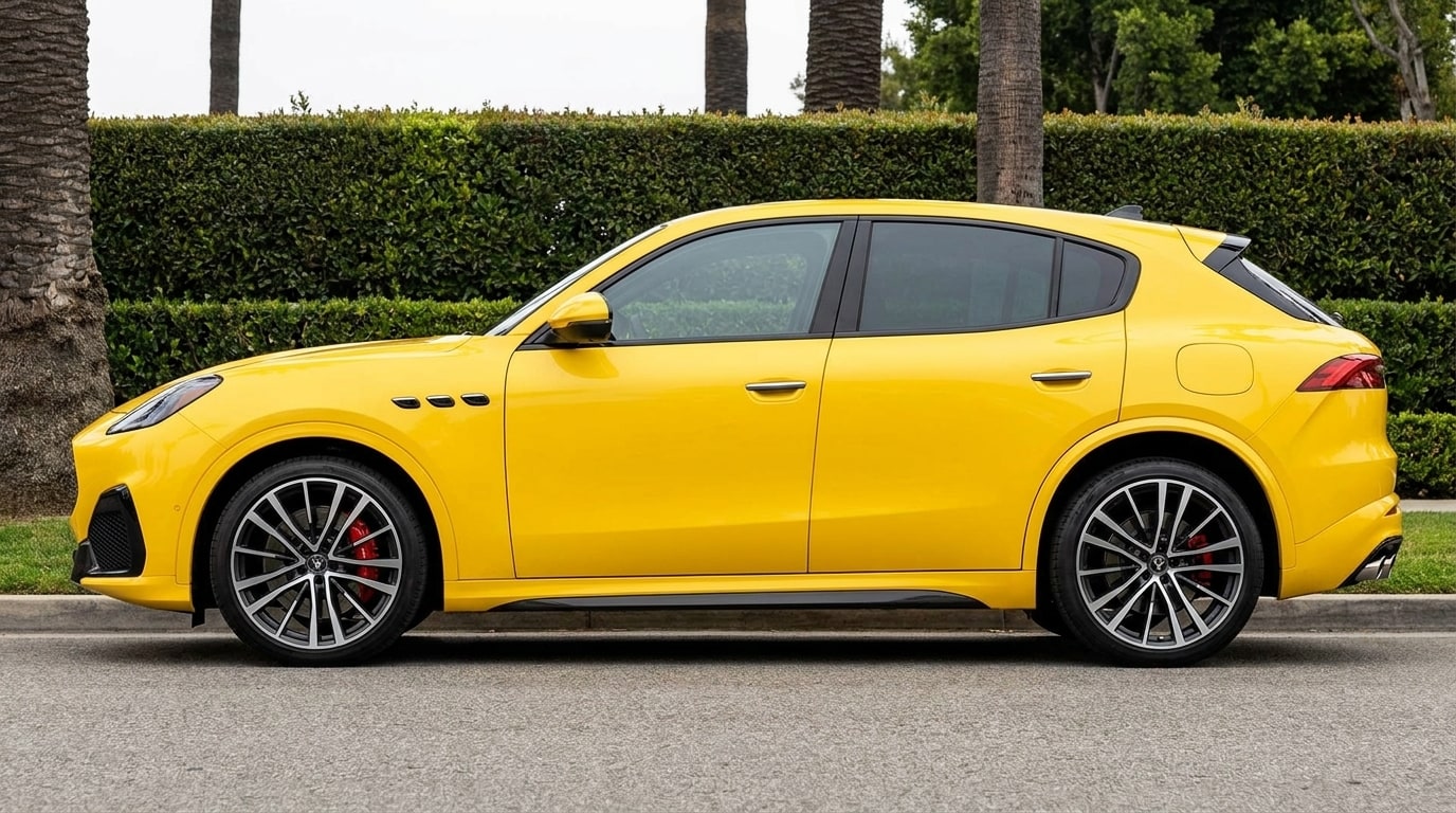 Yellow Maserati Grecale Trofeo in profile, showing the roofline and the 21-inch wheels