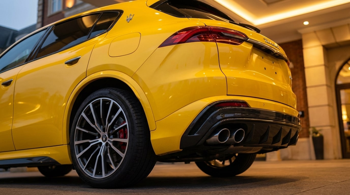 Quad exhaust tips and rear diffuser of the yellow Maserati Grecale Trofeo